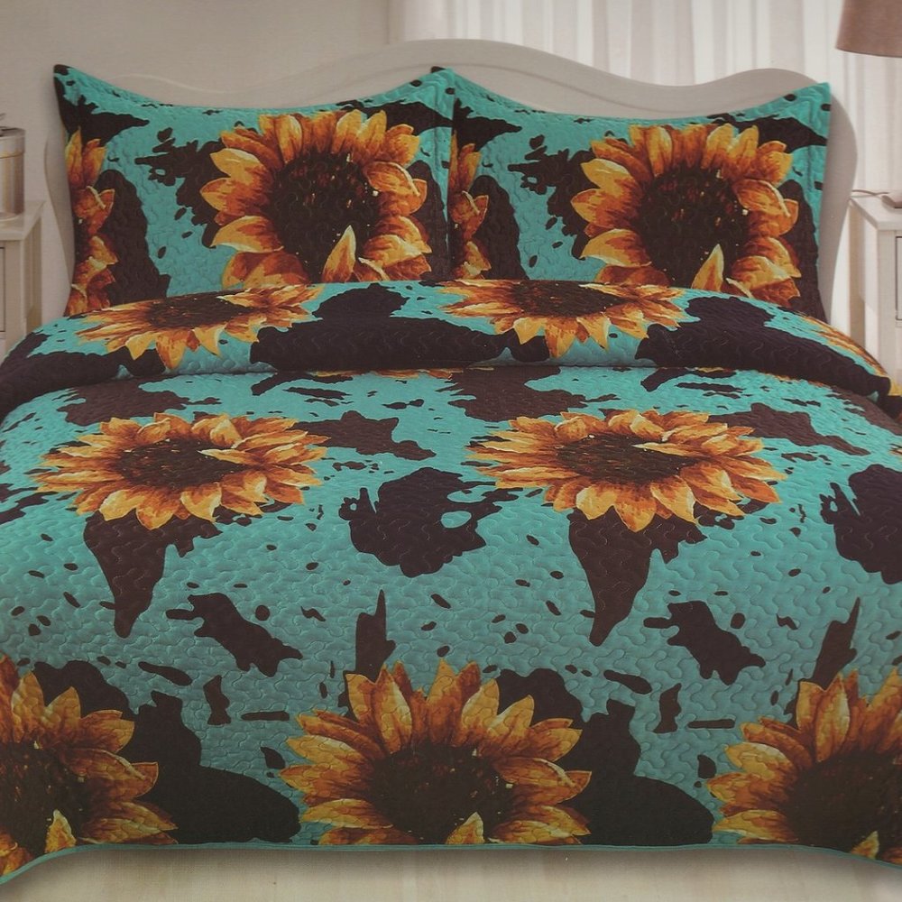 Cow Print & Sunflowers Turquoise Western Bedding Set Queen King Size Velvet Over